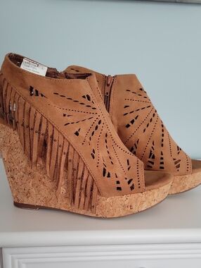 Not Rated Tan Suede Fringe Cork Wedge Sandals
